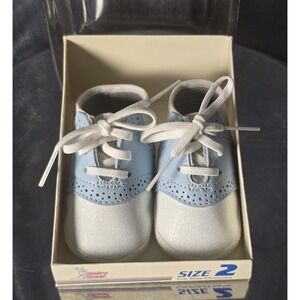 Baby Deer White/Light Blue Leather Oxford Lace-Up Crib Shoes Boys US Size 2